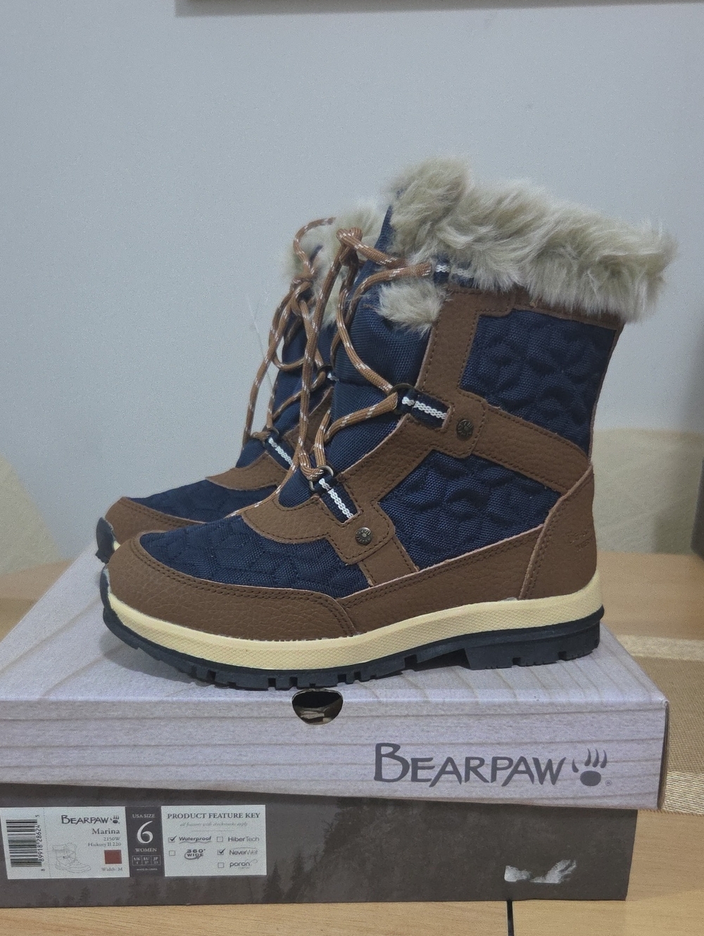 BearPaw Navy and Brown Quilted Fur-Trim Winter Boots. Gorgeous and unique combin